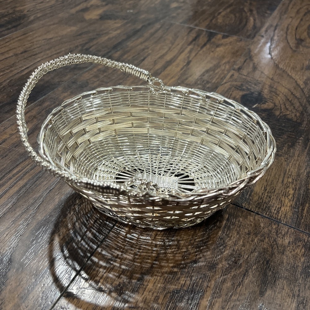 Vintage Silver Tone Wire Basket Metal Woven Twisted Handle